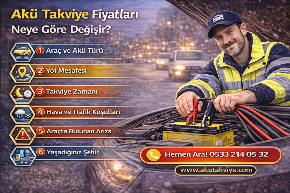 Akü takviye fiyatlarının araç tipi, mesafe, zaman ve hizmet koşullarına göre değişimini gösteren akü takviye hizmeti görseli