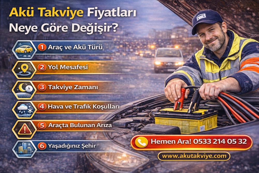 Akü takviye fiyatlarının araç tipi, mesafe, zaman ve hizmet koşullarına göre nasıl değiştiğini gösteren akü takviye hizmeti görseli