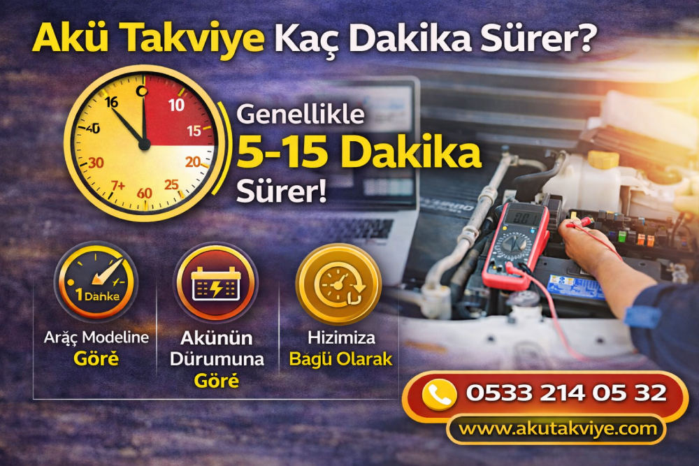 Akü takviye işleminin kaç dakika sürdüğünü gösteren araç aküsü takviye uygulaması