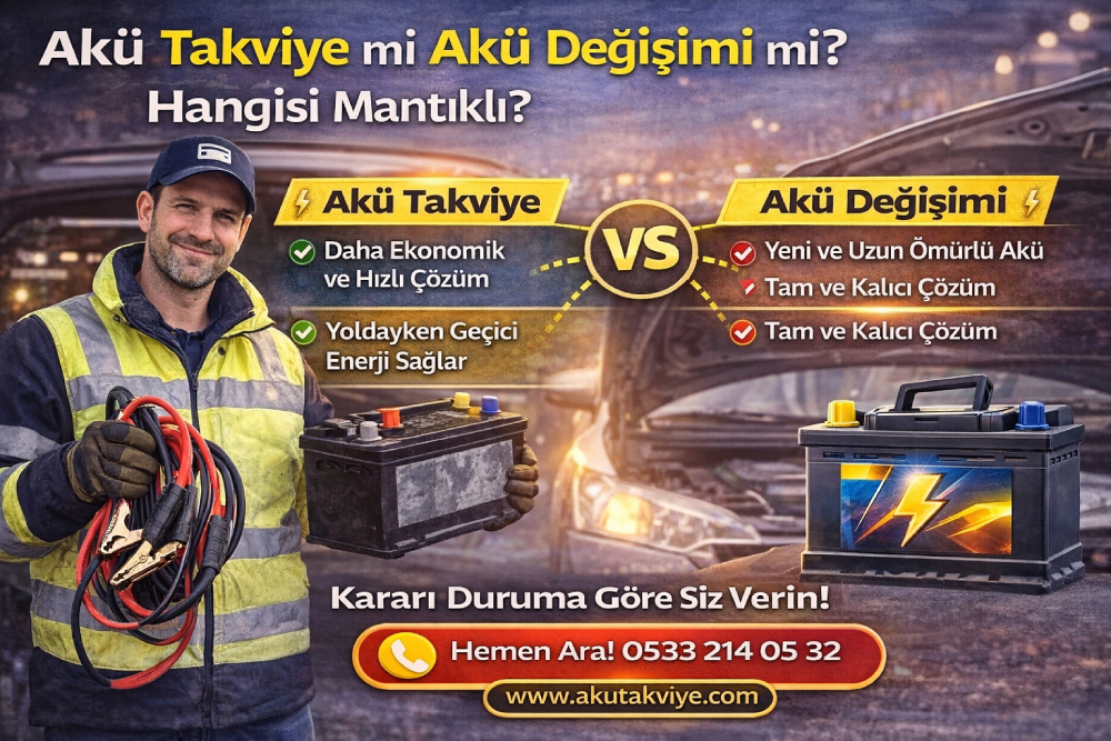 Akü takviye ile akü değişimi arasındaki farkları karşılaştıran, doğru seçim rehberi sunan bilgilendirici araç aküsü görseli