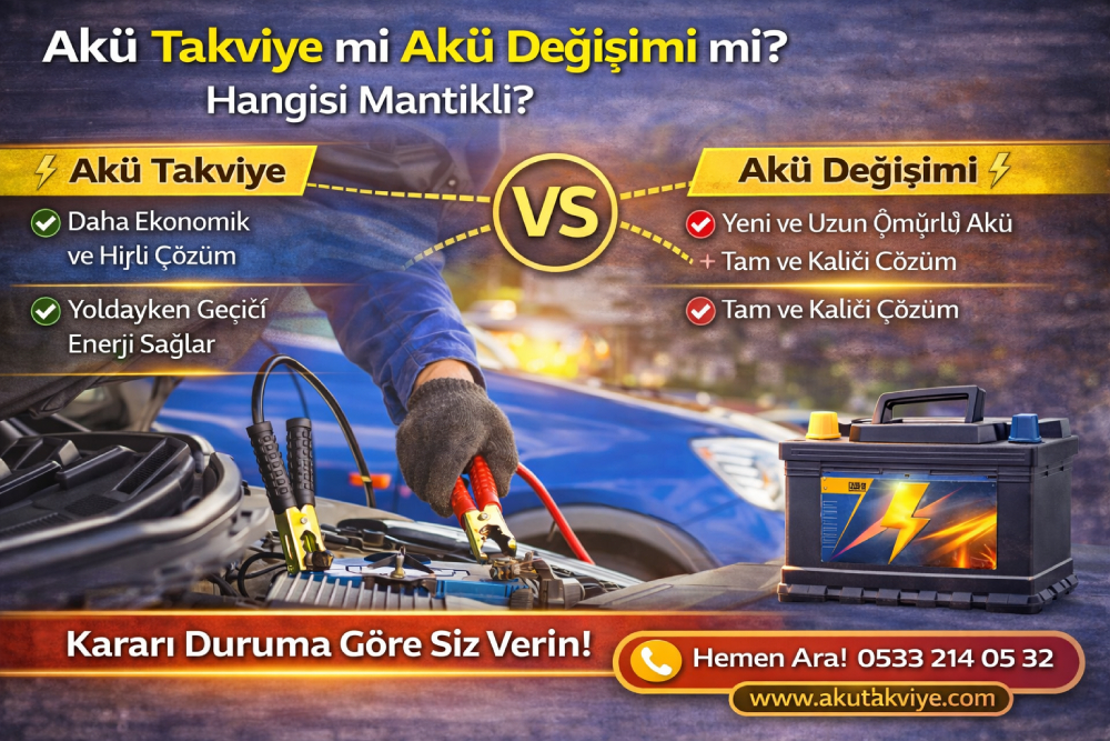 Akü takviyesi ile akü değişimi arasındaki farkları karşılaştıran, araç aküsü karar rehberi görseli