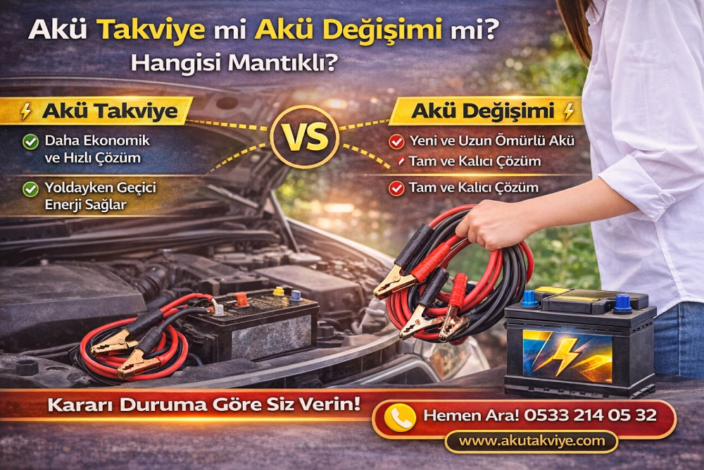 Akü takviyesi ile akü değişimi arasındaki farkları gösteren, araç aküsü karşılaştırma rehberi görseli