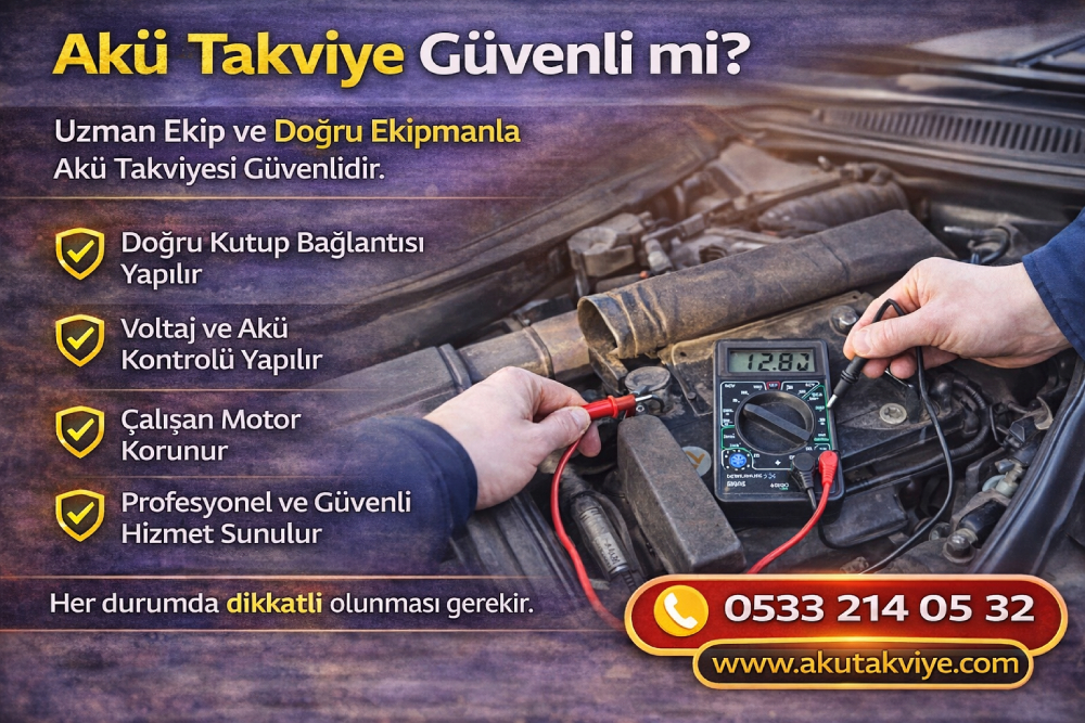 Uzman ekip tarafından güvenli şekilde yapılan akü takviye işlemi ve araç aküsünün çalıştırılması