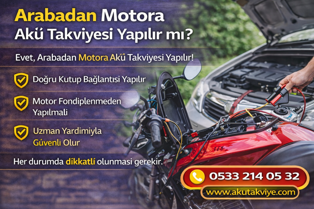 Arabadan motora akü takviyesi yapılırken doğru bağlantı adımlarını gösteren uygulama rehberi