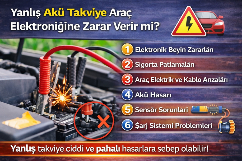 Yanlış akü takviyesi yapılan araçta elektronik beyin, sigorta ve şarj sistemi hasarlarını gösteren bilgilendirici görsel
