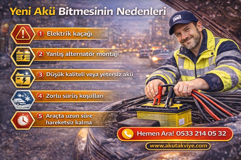 Yeni akünün kısa sürede bitmesine neden olan elektrik kaçağı, alternatör arızası, düşük kalite akü ve uzun süre kullanılmama sebepleri