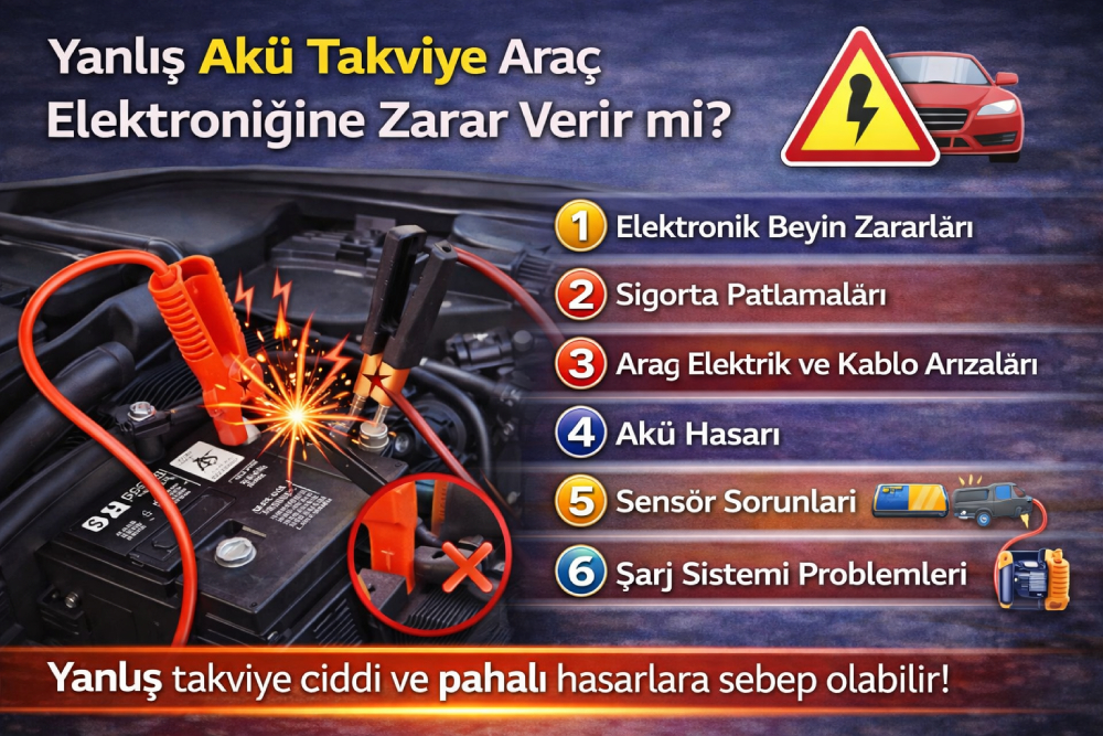 Yanlış akü takviyesi yapılan araçta oluşabilecek elektronik ve motor hasarlarını anlatan yol yardımı görseli