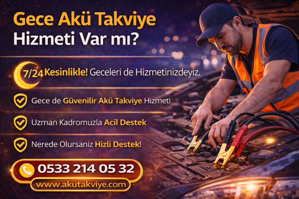 Gece saatlerinde sunulan 7/24 mobil akü takviye hizmeti reklamı