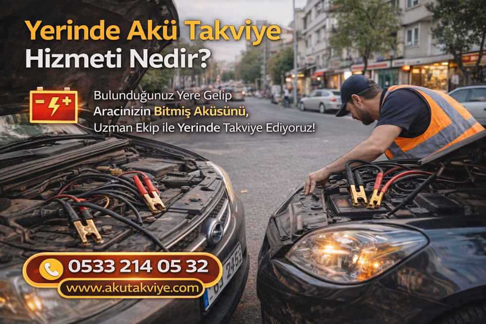Yerinde akü takviye hizmeti ile yolda kalan araca mobil akü takviye ve acil akü yardım işlemi