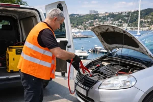 İstinye akü takviye hizmeti veren mobil yol yardım ekibi araç aküsüne takviye yapıyor
