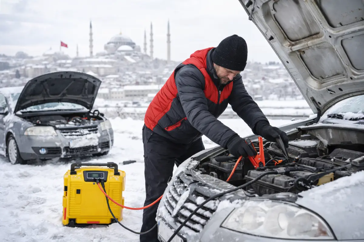 İstinye bölgesinde mobil akü takviye hizmeti veren yol yardım ekibi araç aküsüne takviye yapıyor